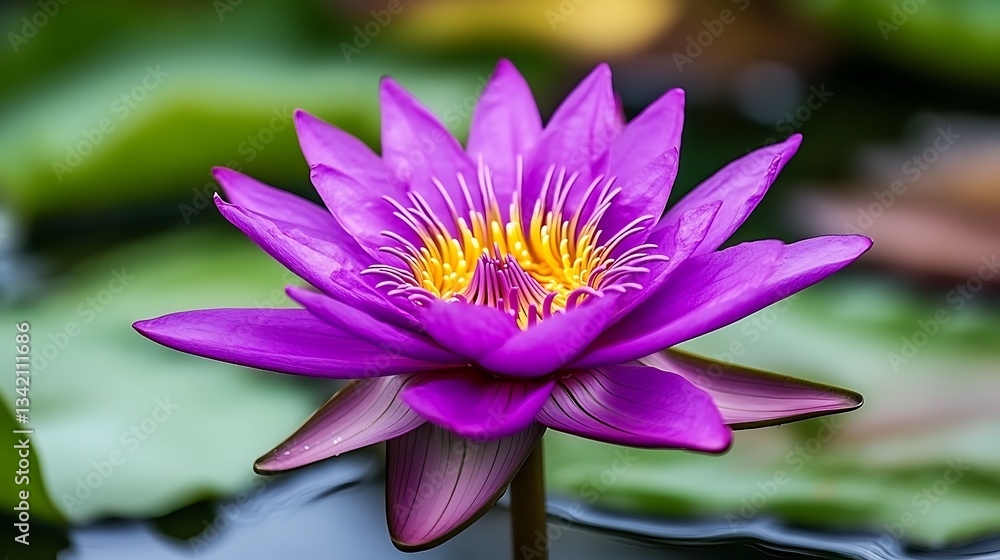 A vibrant purple water lily flower blooms in the water A vibrant purple water lily flower blooms in the water