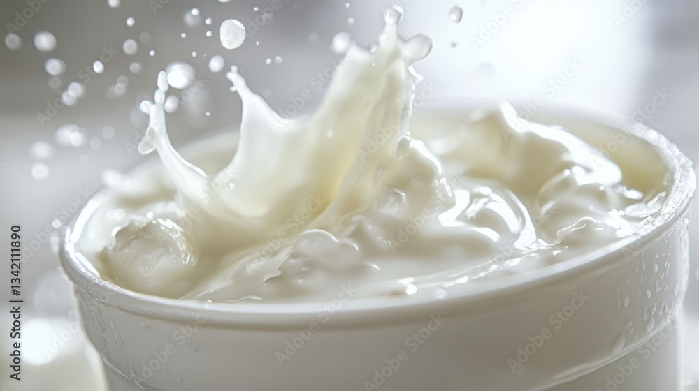 Creamy Milk Splash in White Container on Soft Background Creamy Milk Splash in White Container on Soft Background