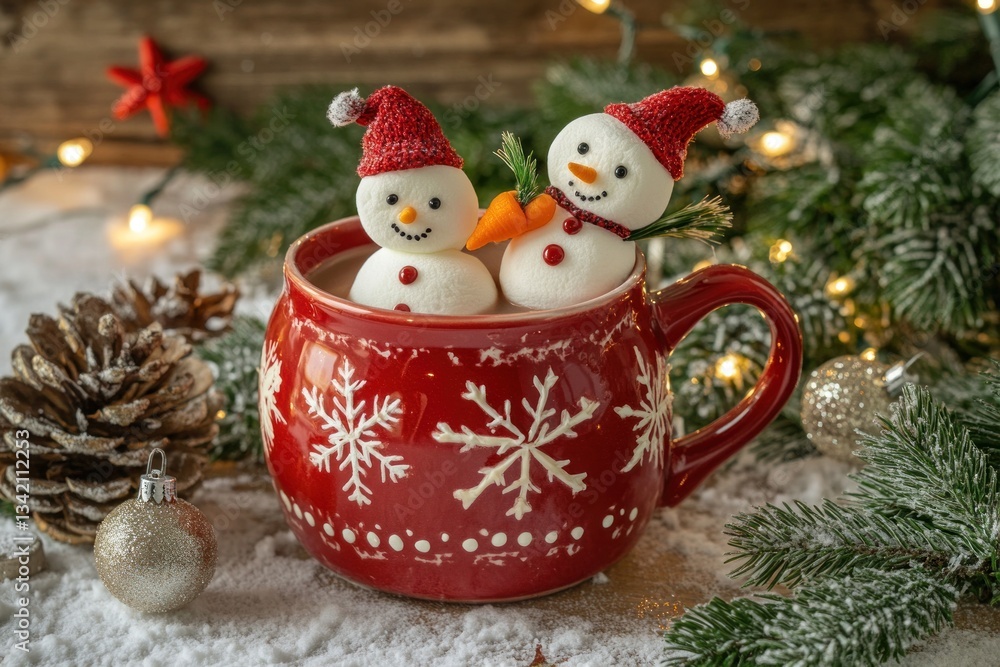 Marshmallow snowmen in hot chocolate mug, Christmas scene Marshmallow snowmen in hot chocolate mug, Christmas scene