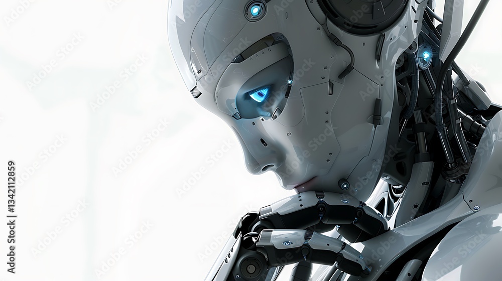 detailed, high-resolution illustration of a female robot with a full body, set against a white background. The robot has blue eyes and a blue detailed, high-resolution illustration of a female robot with a full body, set against a white background. The robot has blue eyes and a blue
