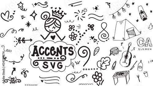Cute line sketch star, arrow, heart decoration element line art. Hand drawn sketch doodle cute star vector