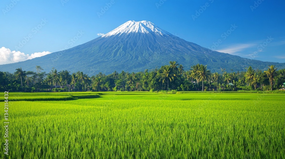 Volcanic Mountain and Lush Green Rice Paddy Field Volcanic Mountain and Lush Green Rice Paddy Field