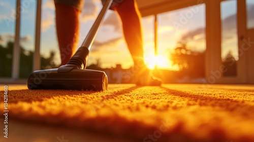 Wallpaper Mural Sunlit Home Cleaning: Vacuuming Carpet in Golden Hour Ambience Torontodigital.ca
