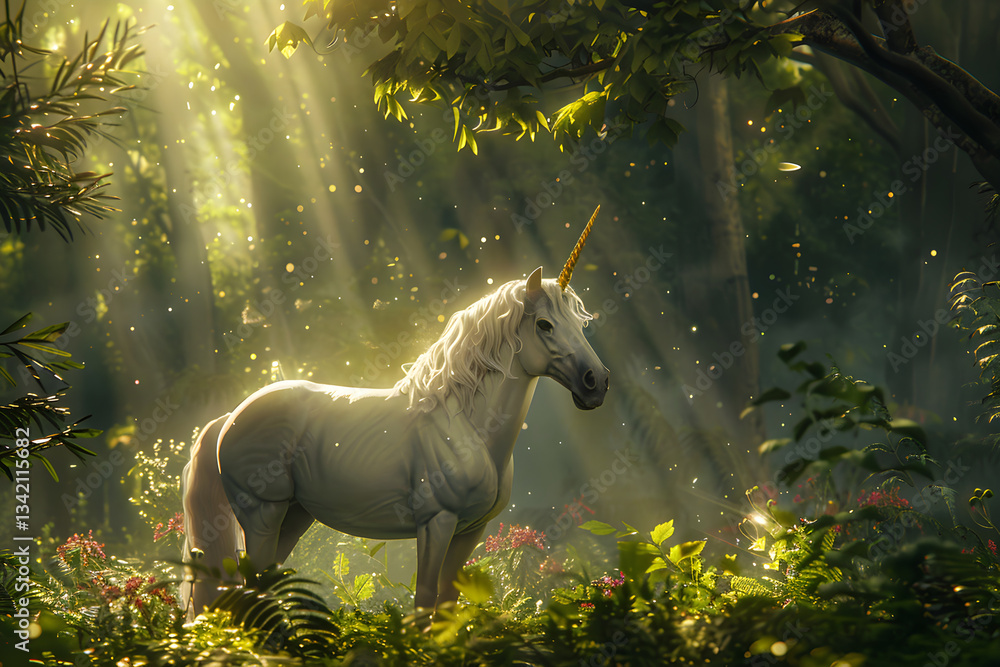 Majestic Unicorn in Enchanted Forest with Magical Light and Mystical Atmosphere Majestic Unicorn in Enchanted Forest with Magical Light and Mystical Atmosphere