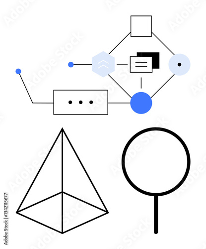 Diagram with interconnected shapes, icons, pyramid, and magnifier symbolizing structure, exploration, and strategy. Ideal for decision mapping, analysis, organization innovation problem-solving