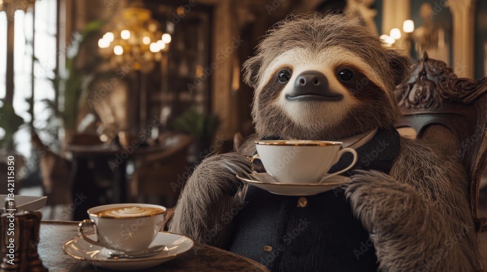Fototapeta premium Sloth Enjoying Tea in Elegant Cafe Setting