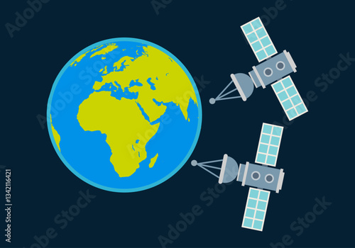 Planeta tierra rodeado de dos satélites 