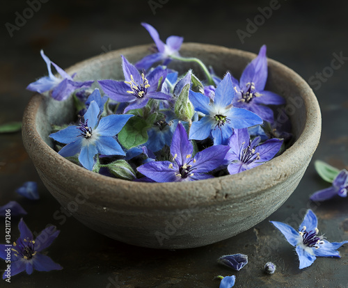 A bowl of borage oil, seeds and fresh blooming plan