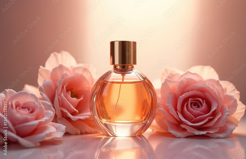 Luxurious fragrance in clear round bottle on blush background with blooming pink roses. Gentle floral scent, aroma. Glass container, gold cap. Perfume presentation for cosmetic, fashion, beauty Luxurious fragrance in clear round bottle on blush background with blooming pink roses. Gentle floral scent, aroma. Glass container, gold cap. Perfume presentation for cosmetic, fashion, beauty