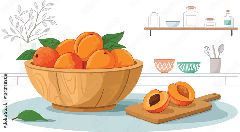 Apricot Illustration vector design, Apricot in wooden bowl with Apricot Slice in kitchen vector design Apricot Illustration vector design, Apricot in wooden bowl with Apricot Slice in kitchen vector design