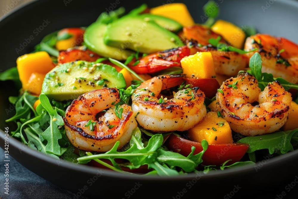 Vibrant Grilled Shrimp Salad with Avocado and Mango on a Bed of Arugula Vibrant Grilled Shrimp Salad with Avocado and Mango on a Bed of Arugula