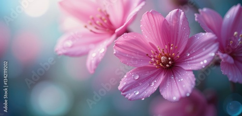 Pink Cherry Blossom Flowers with Water Droplets in Dreamy Soft Light