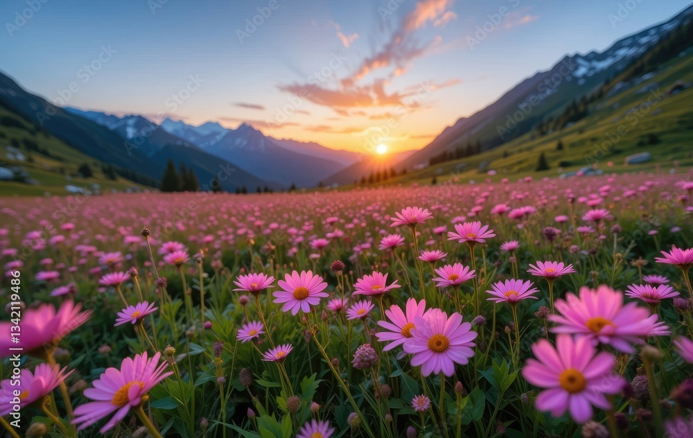 Obraz premium Pink Daisies Bloom in Alpine Meadow at Sunset Mountain Vista