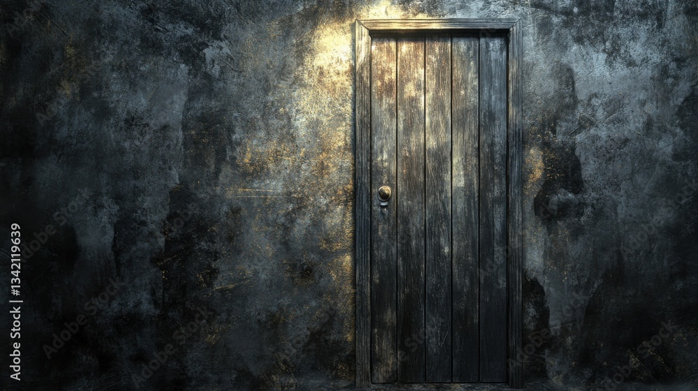 Dark and Mysterious Wooden Door with Weathered Wall Background Dark and Mysterious Wooden Door with Weathered Wall Background