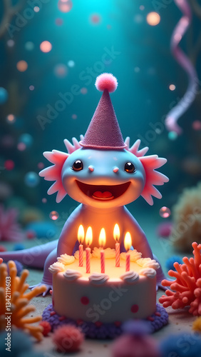 A happy axolotl in a glittery party hat celebrates with a glowing cake, coral decor, bubbles, and streamers in a magical underwater birthday setting.