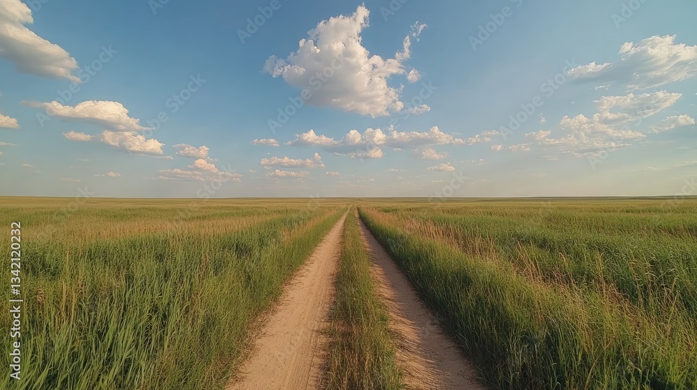 Obraz premium Serene Dirt Road in Vast Green Field Under Expansive Blue Sky with Clouds