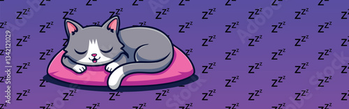 Cute sleeping cat illustration on a soft pillow with a cozy purple background. Cartoon-style vector with a relaxing and peaceful atmosphere, ideal for pet-themed designs, prints, and digital art.