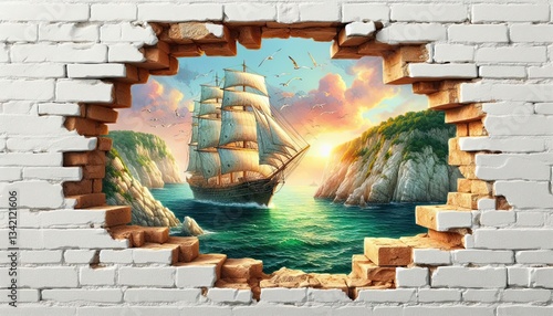 Fototapeta Naklejka Na Ścianę i Meble -  Illusion of a sailing ship through a brick wall