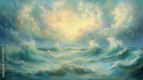 Ocean Waves at Sunset with Golden Sky
