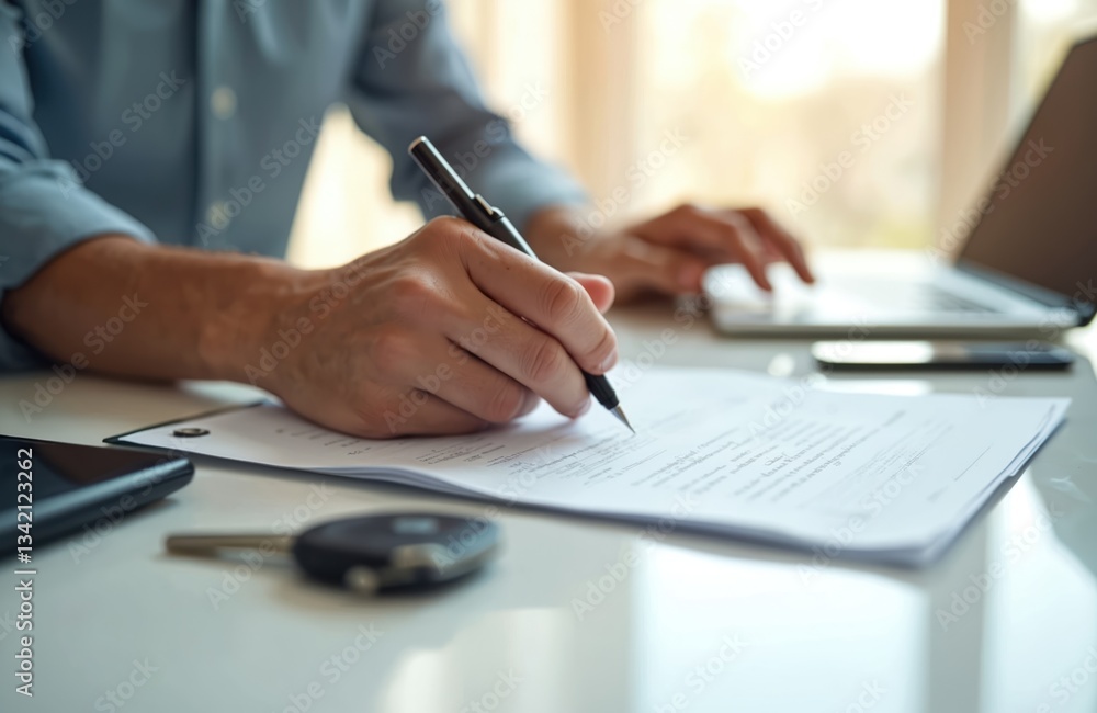 Hands signing car lease form. Client signs rental trade contract, making purchase on new auto, takes loan credit at dealership. Paperwork, pen, key, laptop on table. Business concept. Hands signing car lease form. Client signs rental trade contract, making purchase on new auto, takes loan credit at dealership. Paperwork, pen, key, laptop on table. Business concept.