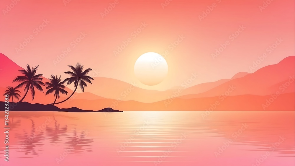 Fototapeta premium Tropical Sunset with Palm Trees and a Peaceful Reflected Ocean Scene in Soft Pink and Orange Tones