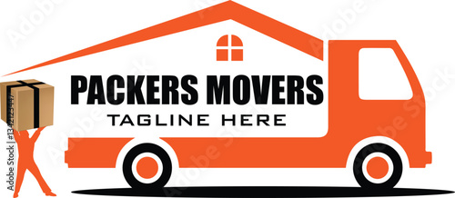 packers and movers logo featuring a house truck and vector silhouette of a man loading