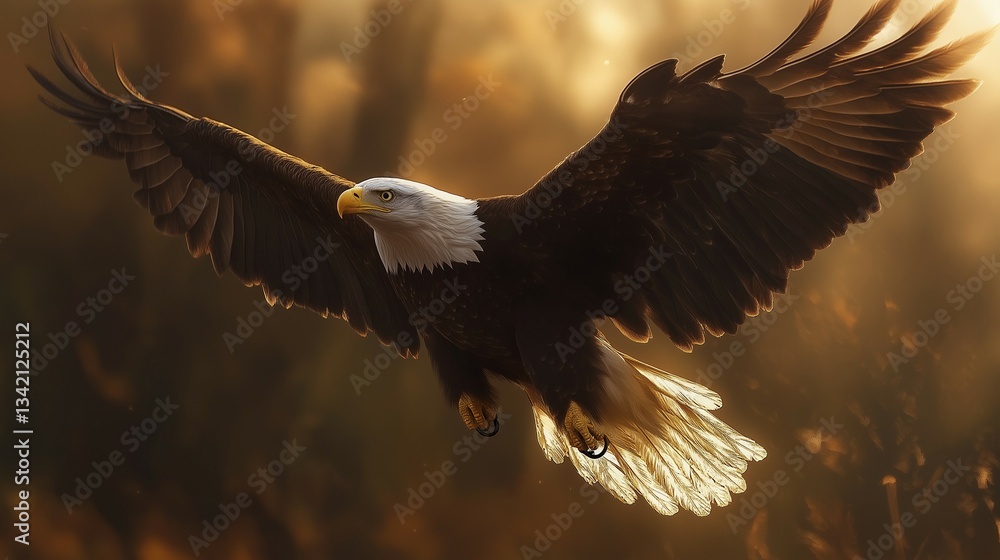 Obraz premium Majestic Bald Eagle in Flight – Stunning Golden Hour Wildlife Photography, Powerful Raptor with Outstretched Wings, High-Resolution Nature Image for Wallpapers, Prints, and Bird Enthusiasts