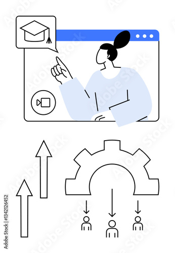 Woman gesturing to graduation cap icon in video call interface, gear distributing roles, upward arrows. Ideal for education, skill development, e-learning, teamwork, growth career success. Flat