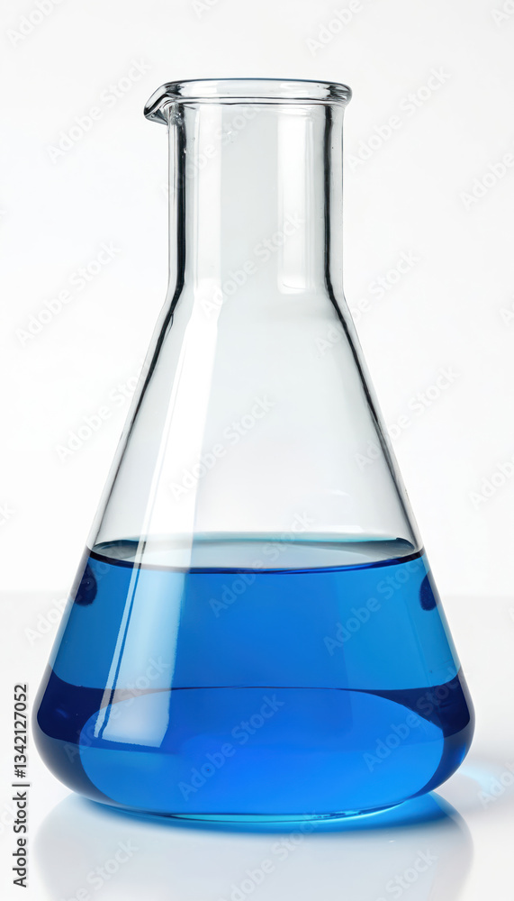 Flask with blue liquid on white background. Glassware beaker with substance used in chemistry, science, medicine pharmacy. Research experiment tool for scientific analysis, healthcare, biotech Flask with blue liquid on white background. Glassware beaker with substance used in chemistry, science, medicine pharmacy. Research experiment tool for scientific analysis, healthcare, biotech