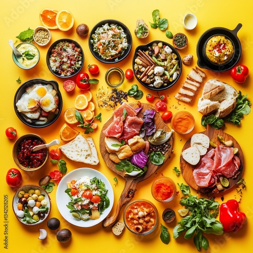 Wallpaper Mural Colorful food spread on yellow background, various dishes and ingredients, overhead view Torontodigital.ca