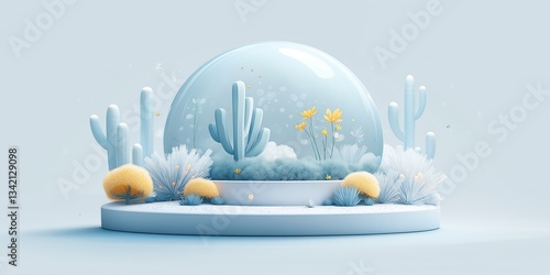 A minimalistic infographic-style illustration featuring a glass dome with cacti, flowers, and soft textures on a light blue background