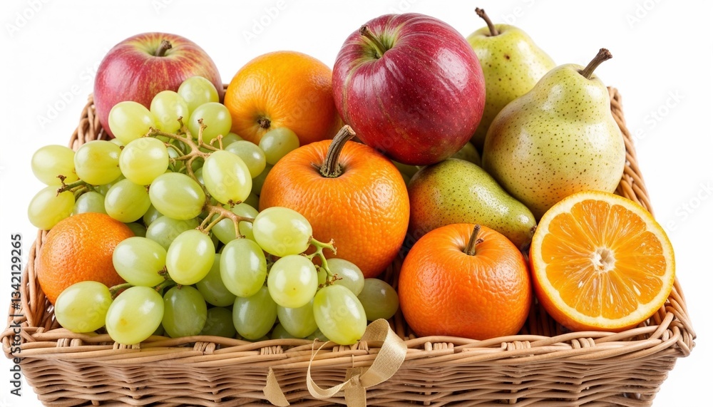 Fresh mixed fruits in a wicker basket, including apples, pears, grapes, and oranges, isolated on white background Fresh mixed fruits in a wicker basket, including apples, pears, grapes, and oranges, isolated on white background