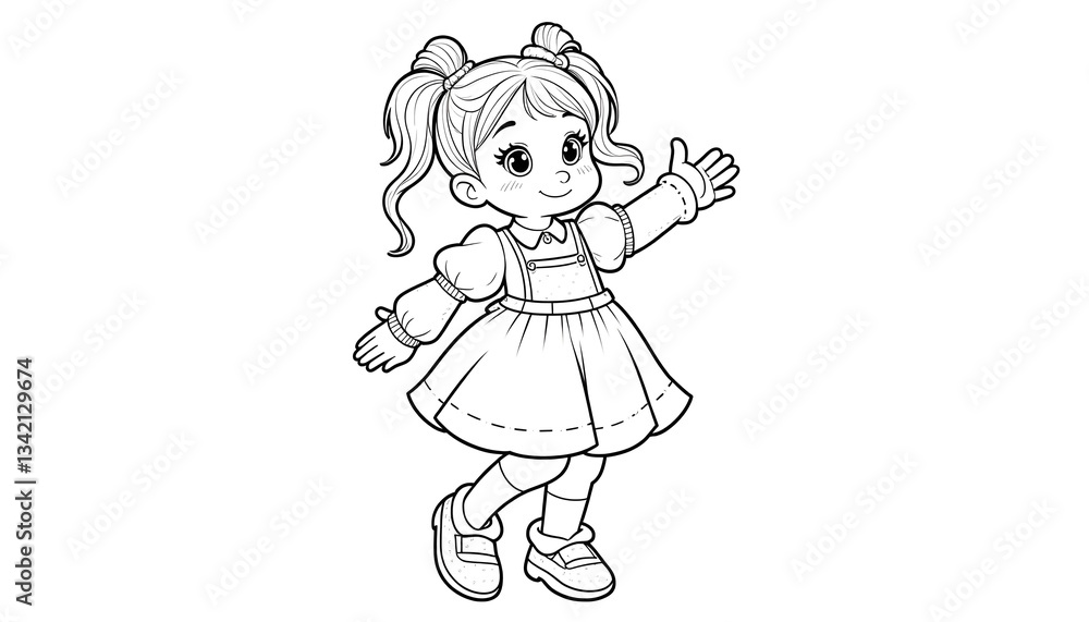 Retro Style Dashed Outline Art of a Joyful Young Girl Retro Style Dashed Outline Art of a Joyful Young Girl