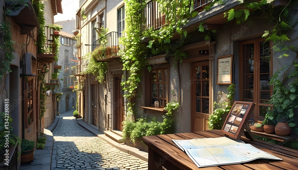 Fototapeta premium Charming narrow street with greenery and a map on a wooden table in a sunlit village 