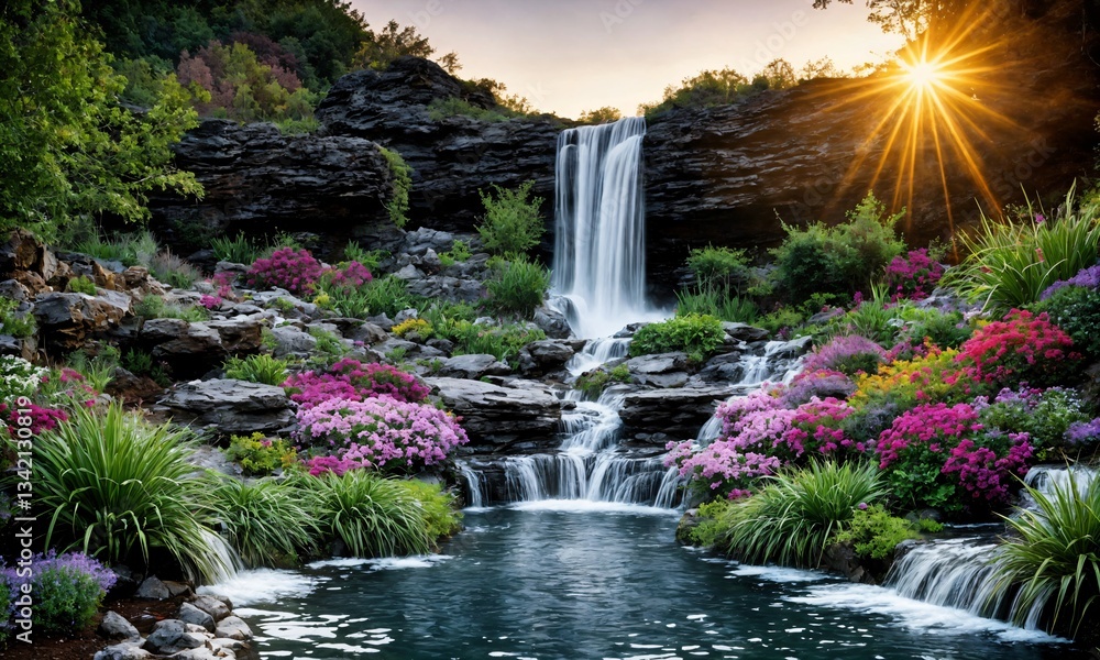 Breathtaking spring sunrise over a hidden waterfall and serene pool – Peaceful nature escape with soft morning mist and lush greenery Breathtaking spring sunrise over a hidden waterfall and serene pool – Peaceful nature escape with soft morning mist and lush greenery