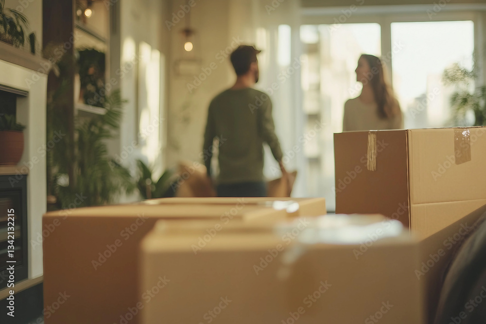 Family Relocation with Cardboard Boxes and Belongings in New Apartment Interior, Generative AI photo art Family Relocation with Cardboard Boxes and Belongings in New Apartment Interior, Generative AI photo art