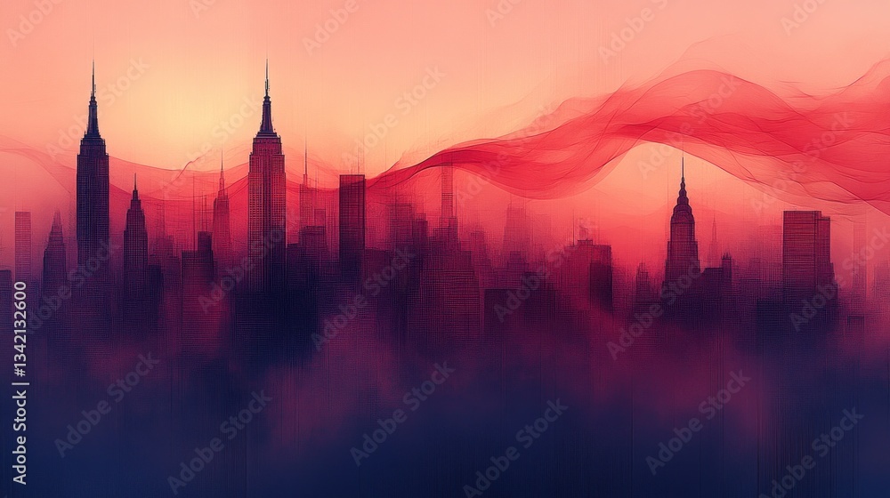 Naklejka premium Manhattan Skyline at Dusk, Veiled in Crimson