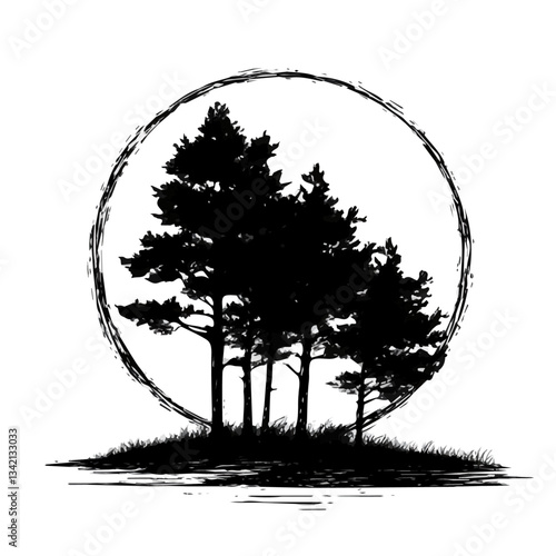 Sunset Behind Trees symbol - black and white design for tattoos, logos and vectors - isolated on white