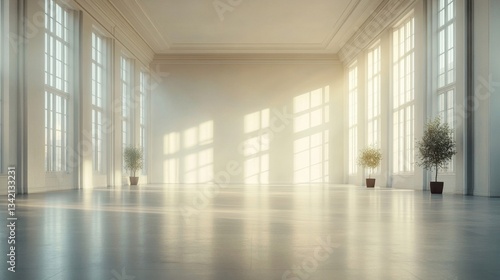 Bright Sunlight in a Spacious White Room with Potted Plants