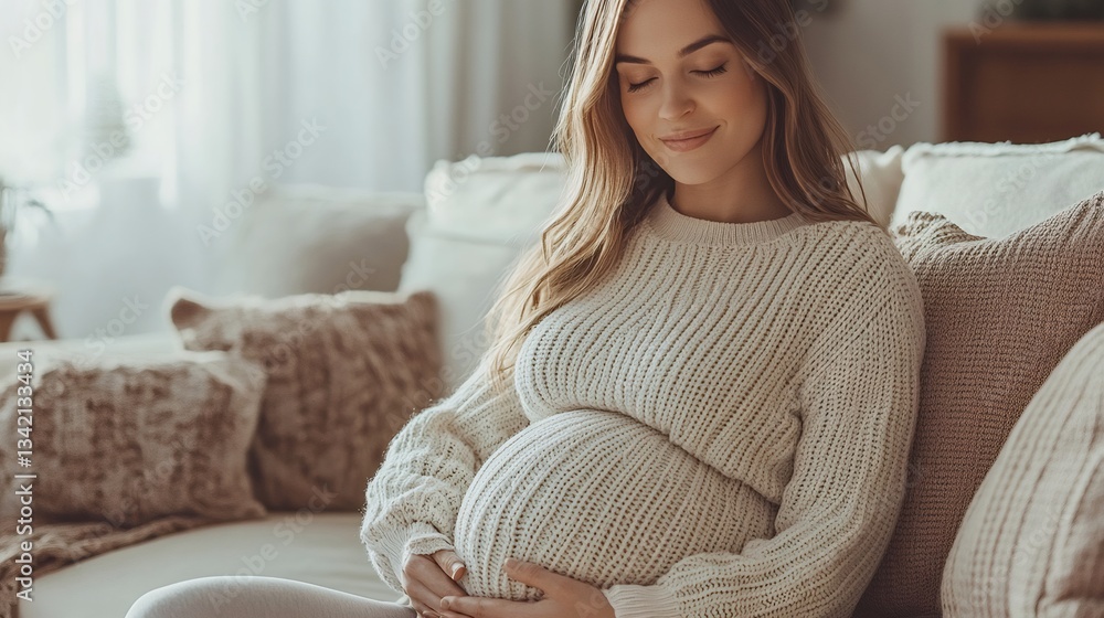 Pregnant woman relaxing on sofa holding belly, anticipation and joy of motherhood Pregnant woman relaxing on sofa holding belly, anticipation and joy of motherhood