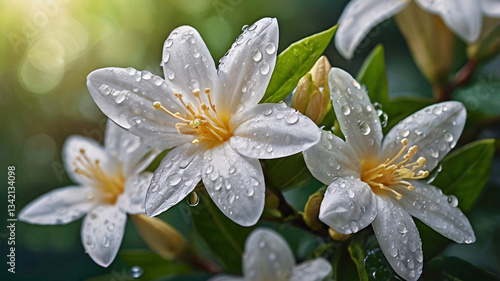 White Star-Shaped Flowers Covered in Morning Dew