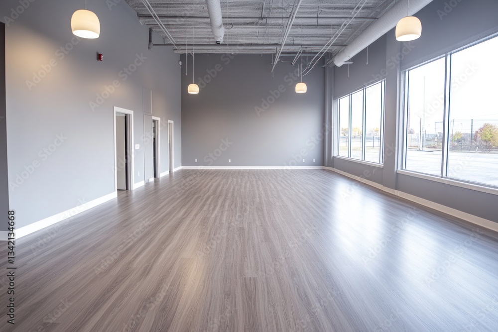 Fototapeta premium Spacious empty room with hardwood floors and large windows.