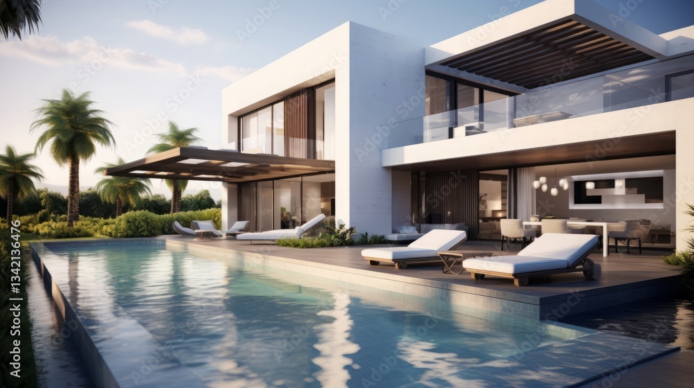 modern house with pool, loungers sun by the pool modern house with pool, loungers sun by the pool