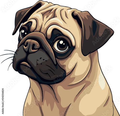 ute pug on a soft blue background, vector image of a dog on a blue background.