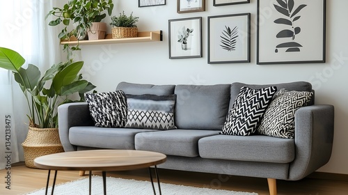 Stylish contemporary living room featuring a grey corner sofa with decorative pillows and botanical artwork on the walls