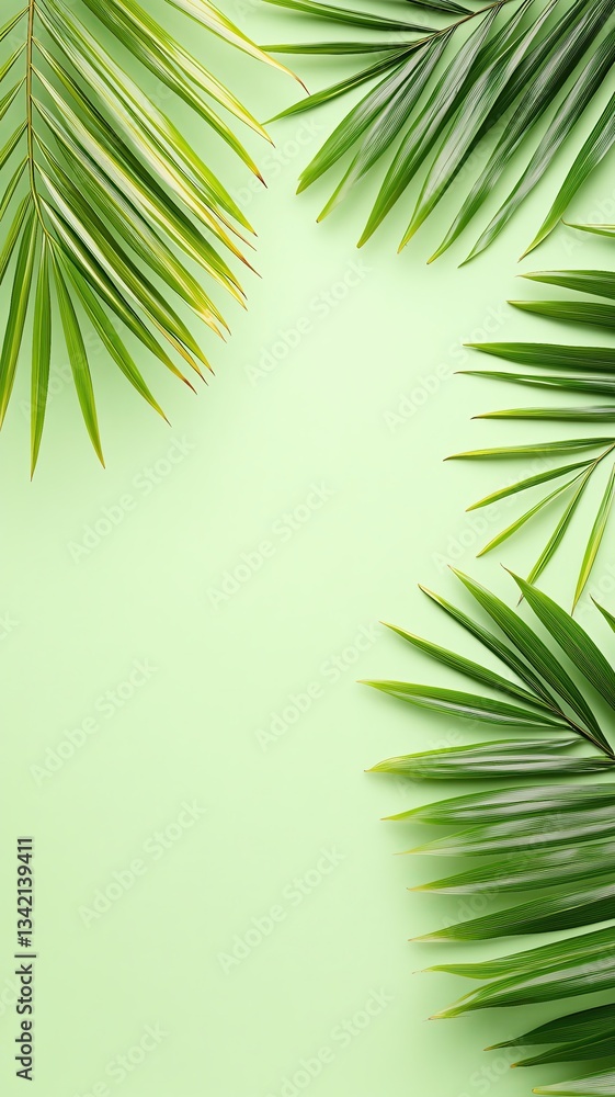 Fototapeta premium tropical palm leaves casting gentle shadows from the top right, fading into a bright, empty pastel background, perfect for summer themes