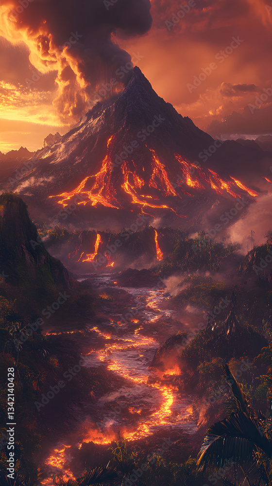 Fototapeta premium Majestic Eruption: The Awe-Inspiring Power and Beauty of a Towering Volcano Amidst a Fiery Landscape