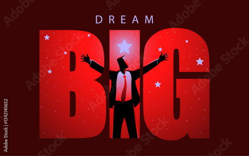 Symbolizing ambition, this design features the word DREAM BIG integrated with the silhouette of a businessman opening his arms on a starry backdrop. Represents vision and limitless potential