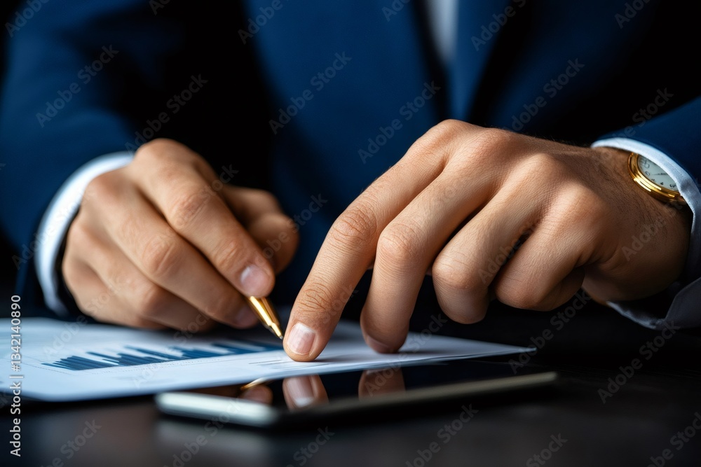 Businessman analyzing financial chart with pen and finger pointing Businessman analyzing financial chart with pen and finger pointing