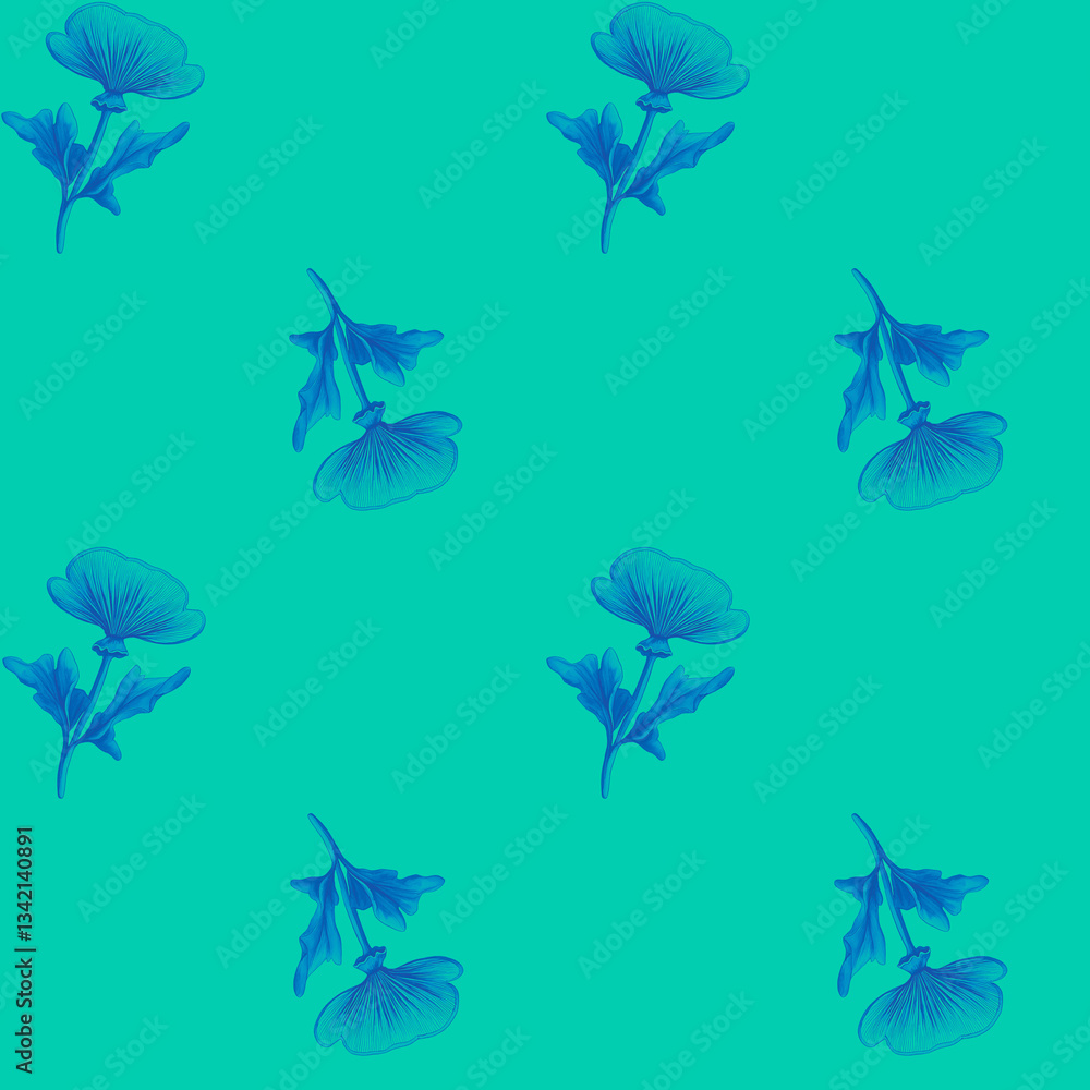 Vibrant seamless pattern with neon blue mushrooms and delicate leaves on a soft mint background. Perfect for modern textiles, wallpapers, and nature-inspired decor. Vibrant seamless pattern with neon blue mushrooms and delicate leaves on a soft mint background. Perfect for modern textiles, wallpapers, and nature-inspired decor.